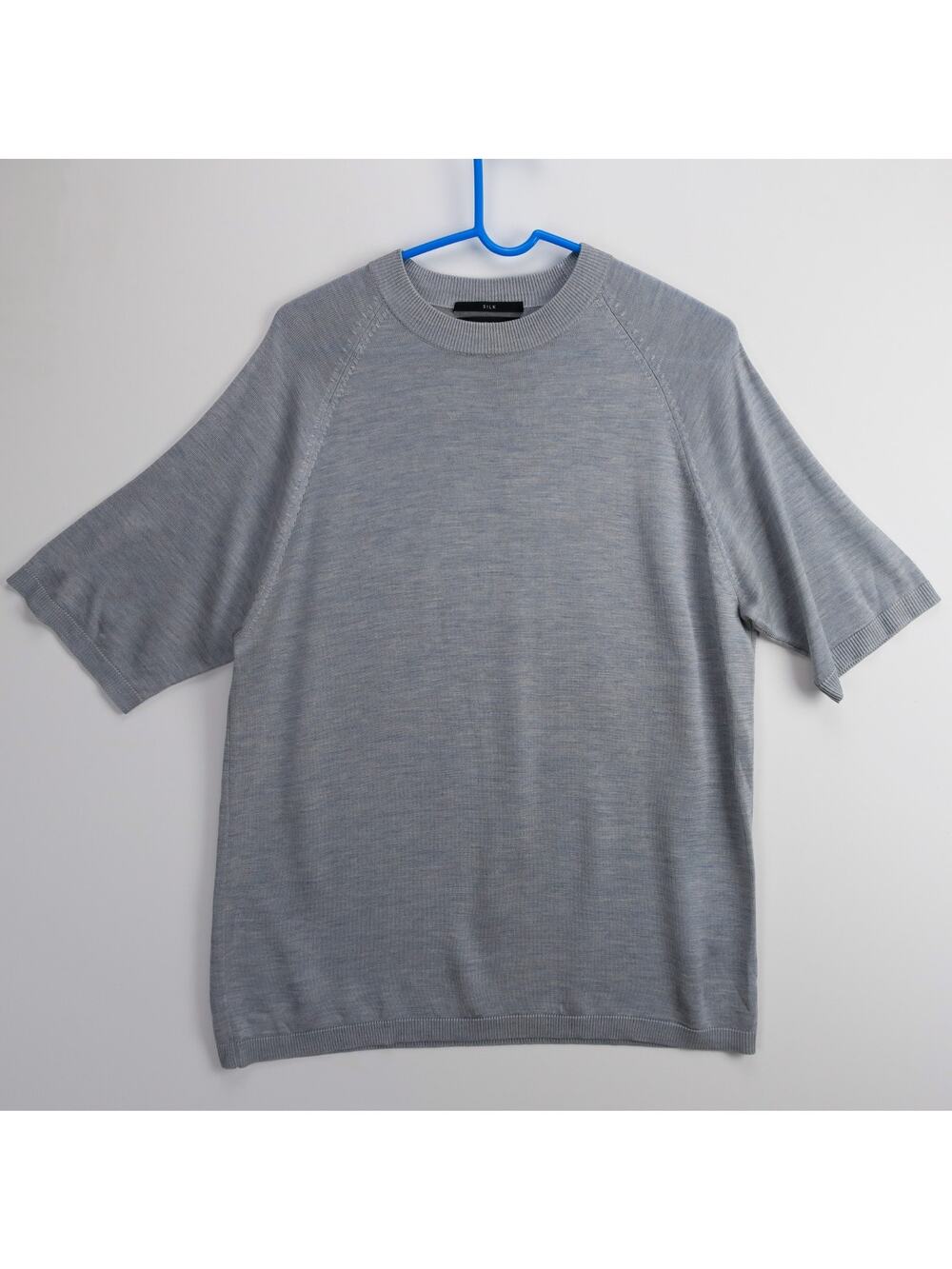 Murano Mens Large 100% Silk Short Sleeve Sweater Silver Gray Knit Pullover